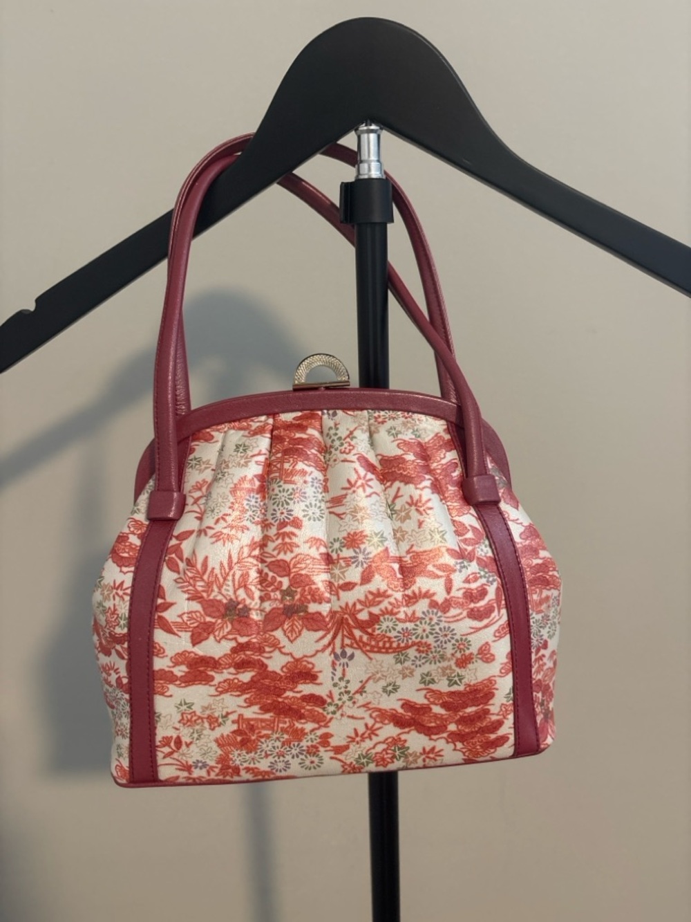 VINTAGE Authentic Japanese Kimono Bag Red Floral Obi Style Structured Clasp